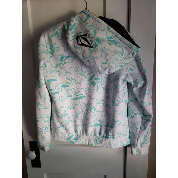 VOLCOM women Hoodie Jacket zipper animals print FAUX FUR Lined with LARGE - Picture 6 of 10